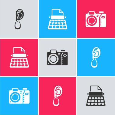 Kulağı küpe, daktilo ve fotoğraf makinesi ikonu ile ayarla. Vektör