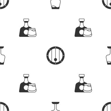 Şarap kadehini, tahta fıçıyı ve viski şişesini ayarlayın. Vektör