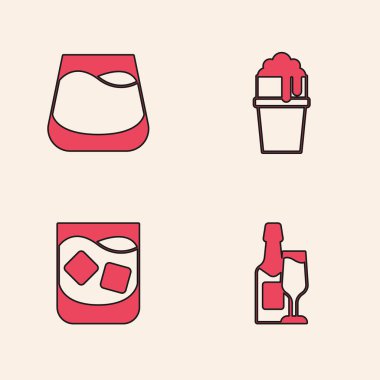 Şampanya şişesi ve bardak, bir bardak viski, bira ve ikon. Vektör