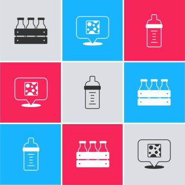 Şişe sütü tahta kutuya koyun, Peynir ve Bebek bir şişe ikonu. Vektör