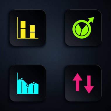 Ok, Grafik, grafik, diyagram, turta bilgisi ve finansal büyüme ayarla. Siyah kare düğme. Vektör