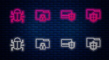 Satır dizinini ayarla ve kilitle, Kalkanlı kredi kartı, Sistem hatası ve Belge dizin koruması. Tuğla duvarda parlayan neon simgesi. Vektör