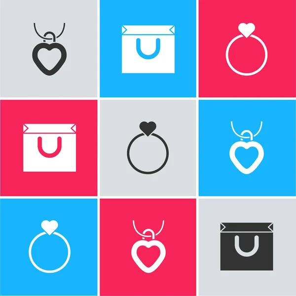 Set Collar Con Forma Corazón Bolsa Compras Anillo Boda Icono — Vector de stock