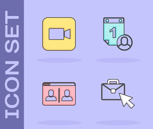 Définir Travail Ligne Caméra Conférence Chat Vidéo Icône Gestion Temps — Image vectorielle