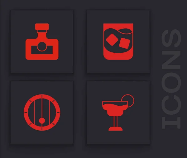 Set Cocktail Boisson Alcoolisée Rhum Verre Whisky Icône Tonneau Bois — Image vectorielle