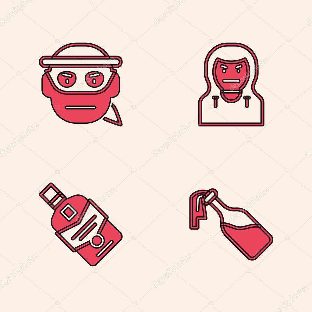 Set Cocktail molotov, Bandit, Thief mask and Whiskey bottle icon. Vector