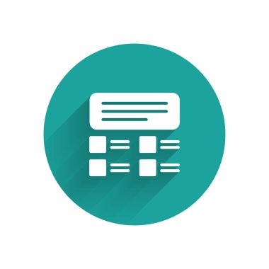 Beyaz Çevrimiçi Sınav, Test, İnceleme veya Kontrol Listesi simgesi uzun gölgeli. Sınav listesi. E-eğitim konsepti. Yeşil daire düğmesi. Vektör İllüstrasyonu.