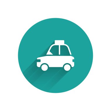 Beyaz evcil hayvan taksi ikonu uzun gölgeli izole edilmiş. Yeşil daire düğmesi. Vektör.