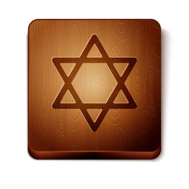 David 'in Kahverengi Yıldızı simgesi beyaz arkaplanda izole edilmiş. Yahudi dini sembolü. İsrail 'in sembolü. Tahta kare düğme. Vektör.