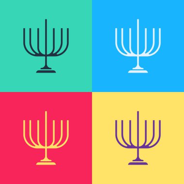 Pop Art Hanuka menorah simgesi renk arkaplanında izole edilmiş. Geleneksel Hanuka sembolü. Tatil dini, Yahudi Işık Festivali. Vektör.