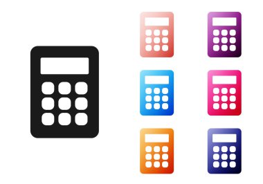 Siyah Hesap Makinesi simgesi beyaz arkaplanda izole edildi. Muhasebe sembolü. İş hesaplamaları matematik eğitimi ve finans. Simgeleri renklendirin. Vektör.
