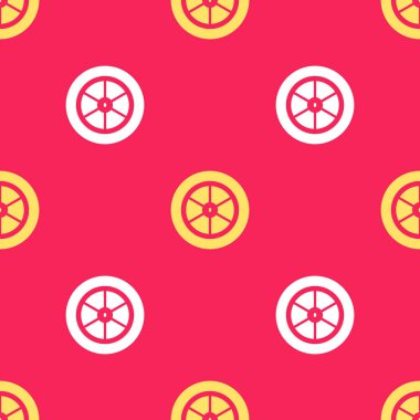 Sarı Bisiklet Tekerleği simgesi kırmızı arka planda izole edilmiş. Bisiklet yarışı. Olağanüstü bir spor. Spor malzemeleri. Vektör.