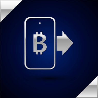Mobil ikondan gümüş madencilik bitcoin koyu mavi arka planda izole. Kripto para birimi madenciliği, engelleme zinciri teknoloji servisi. Vektör.