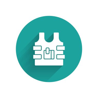 Uzun gölgeli kurşun ikonundan korunmak için beyaz kurşun geçirmez yelek. Vücut zırhı işareti. Askeri kıyafetler. Yeşil daire düğmesi. Vektör.