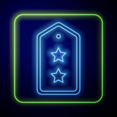 Parlayan neon askeri rütbe ikonu mavi arka planda izole edildi. Askeri rozet işareti. Vektör.