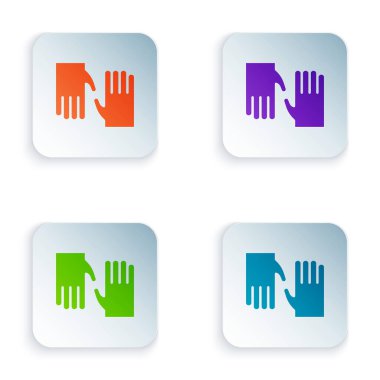 Beyaz arka planda izole edilmiş renkli lastik eldiven ikonu. Lateks el koruması işareti. Ev işi temizlik ekipmanları sembolü. Kare düğmelere renkli simgeleri yerleştir. Vektör.