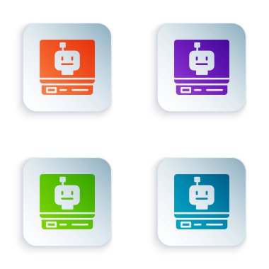 Renkli Robot simgesi beyaz arkaplanda izole edildi. Yapay zeka, makine öğrenme, bulut hesaplama. Kare düğmelere renkli simgeleri yerleştir. Vektör.