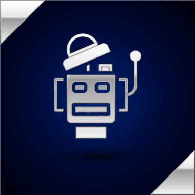 Gümüş Robot simgesi koyu mavi arkaplanda izole edildi. Yapay zeka, makine öğrenme, bulut hesaplama. Vektör.