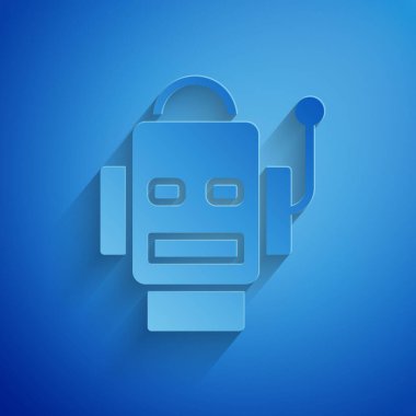 Kağıt kesiği robot simgesi mavi arkaplanda izole edilmiş. Yapay zeka, makine öğrenme, bulut hesaplama. Kağıt sanatı tarzı. Vektör.