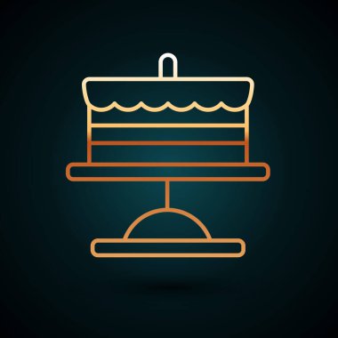 Tabak ikonundaki altın renkli kek koyu mavi arkaplanda izole edilmiş. Doğum günün kutlu olsun. Vektör.