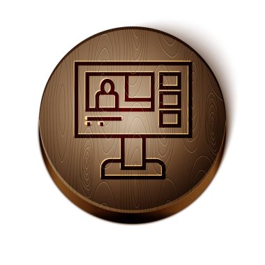 Kahverengi çizgi televizyon haber simgesi beyaz arkaplanda izole edildi. Televizyon haberleri. Tahta daire düğmesi. Vektör.