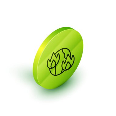 Beyaz arka planda izole edilmiş Küresel ısınma ateş ikonu. Yeşil daire düğmesi. Vektör.