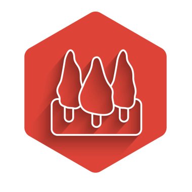 Beyaz çizgi ağaç ikonu uzun gölgeli izole edilmiş. Orman sembolü. Kırmızı altıgen düğmesi. Vektör.