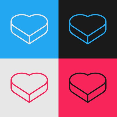 Pop sanat çizgisi Candy kalp şeklinde kutuda ve yay ikonunda renk arkaplanında izole. Sevgililer Günü. Vektör.