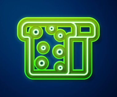 Mavi arka planda izole edilmiş kızarmış ekmek parçası için parlayan neon hattı tostu. Öğle yemeği, akşam yemeği, kahvaltı atıştırmalığı. Vektör.