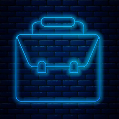Parlayan neon hattı evrak çantası simgesi tuğla duvar arka planında izole edildi. İş ilanı. İş portföyü. Vektör.