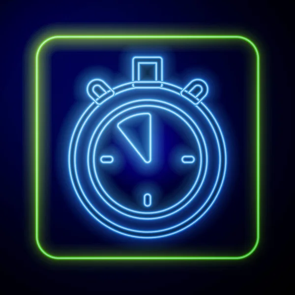 Glödande Neon Stoppur Ikon Isolerad Blå Bakgrund Tidtagarskylt Kronometertecken Vektor — Stock vektor