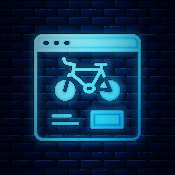 ネオンの輝きレンガの壁の背景に隔離自転車レンタルモバイルアプリのアイコン 市内のレンタル自転車のためのスマートサービス 共有システムのためのモバイルアプリ ベクトル — ストックベクタ