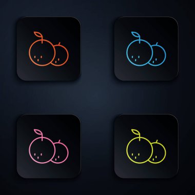 Renkli neon çizgisi Tangerine simgesi siyah arkaplanda izole edildi. Mutlu Noeller ve mutlu yıllar. Kare düğmelere simgeleri yerleştir. Vektör.