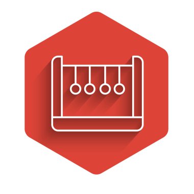 Beyaz çizgi sarkacı uzun gölgeli izole edilmiş. Newtons beşiği. Kırmızı altıgen düğmesi. Vektör.