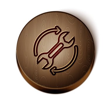 Çalışma akışı simgesi olarak kahverengi çizgi anahtarı ve oklar beyaz arkaplanda izole edildi. Ayarlama, servis, ayar, bakım, onarım, onarım. Tahta daire düğmesi. Vektör.