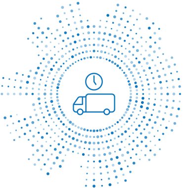 Mavi çizgi lojistik dağıtım kamyonu ve zaman ikonu beyaz arka planda izole edildi. Teslimat zamanı ikonu. Soyut çember rastgele noktalar. Vektör.