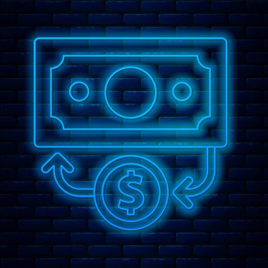 Parlak neon hattı kağıt yığınları para ikonu tuğla duvar arka planında izole. Para desteleri. Para birimi. Vektör.