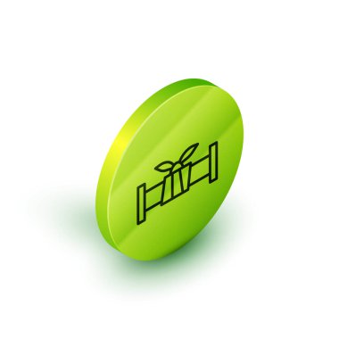 Isometric line Industry metalik boru ikonu beyaz arka planda izole edildi. Tesisat boru hattının farklı şekillerde parçaları. Yeşil daire düğmesi. Vektör.
