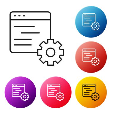 Siyah çizgi bilgisayar arayüzü simgesi beyaz arkaplanda izole edildi. Uygulama programlama arayüzü API teknolojisi. Yazılım entegrasyonu Renkli daire düğmelerini ayarlayın. Vektör.