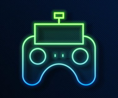 Parlayan neon hattı uzaktan kontrol simgesi mavi arkaplanda izole edildi. Vektör.