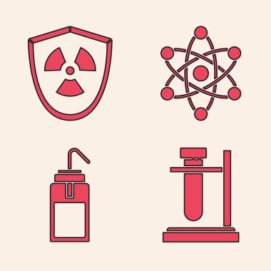 Test tüpünü kürsüye getirin, Radyoaktif kalkanda, Atom ve Laboratuvar yıkama şişesi ikonunda. Vektör.