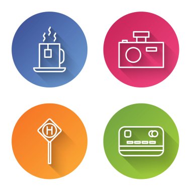 Çay poşetli çay fincanı, fotoğraf makinesi, park ve kredi kartı. Renkli daire düğmesi. Vektör.