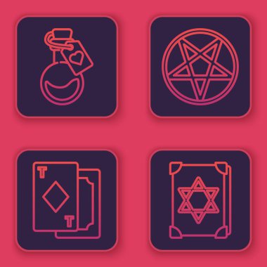 Aşk iksiriyle dolu bir şişe, iskambil kağıtları, bir çember içinde pentagram ve Eskiler 'in sihirli kitabı. Mavi kare düğme. Vektör.