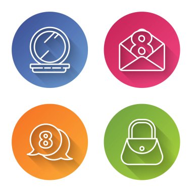 Makyaj tozunu aynayla, Zarfı konuşma baloncuğuyla ve çantasıyla 8 Mart 'ta hazırla. Renkli daire düğmesi. Vektör.