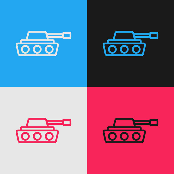 Pop art line Military tank icon isolated on color background.  Vector.