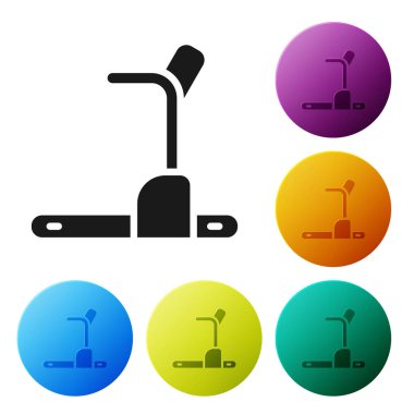 Siyah Koşu bandı makine simgesi beyaz arkaplanda izole edildi. Simgeleri renk daire düğmelerine ayarla. Vektör.