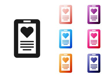 Siyah tıbbi pano beyaz arka planda izole edilmiş klinik kayıt simgesine sahip. Reçete, tıbbi kontrol işaretleri raporu. Simgeleri renklendirin. Vektör.