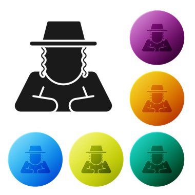 Siyah Ortodoks Yahudi şapkası ve kenarları beyaz arka planda izole edilmiş. Geleneksel giyinmiş Yahudi erkekler. Yahudilik sembolleri. Simgeleri renk daire düğmelerine ayarla. Vektör.