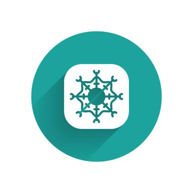 Beyaz Kar Tanesi simgesi uzun gölgeli izole edilmiş. Mutlu Noeller ve mutlu yıllar. Yeşil daire düğmesi. Vektör.