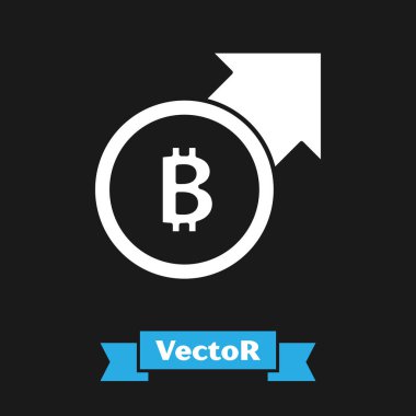Beyaz Finansal büyüme ve kara arka planda izole edilmiş bitcoin ikonu. Gelirleri arttırıyorum. Vektör.